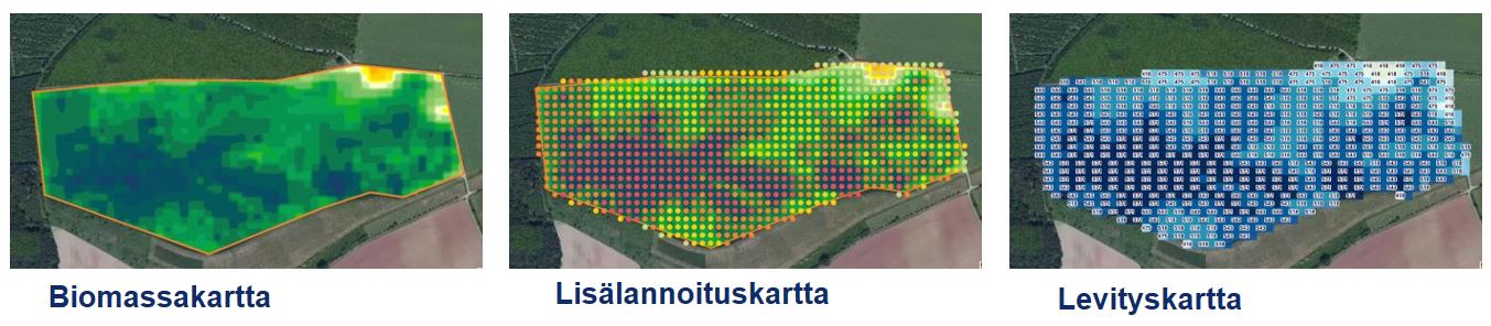Atfarmin biomassakartta kertoo kasvuston vaihtelusta ja satopotentiaalista, lisälannoituskartta osoittaa alueet, joiden lisälannoituksesta on hyötyä ja levityskartta ohjaa lannoitteenlevitintä tekemään lannoituksen oikeaan aikaan.