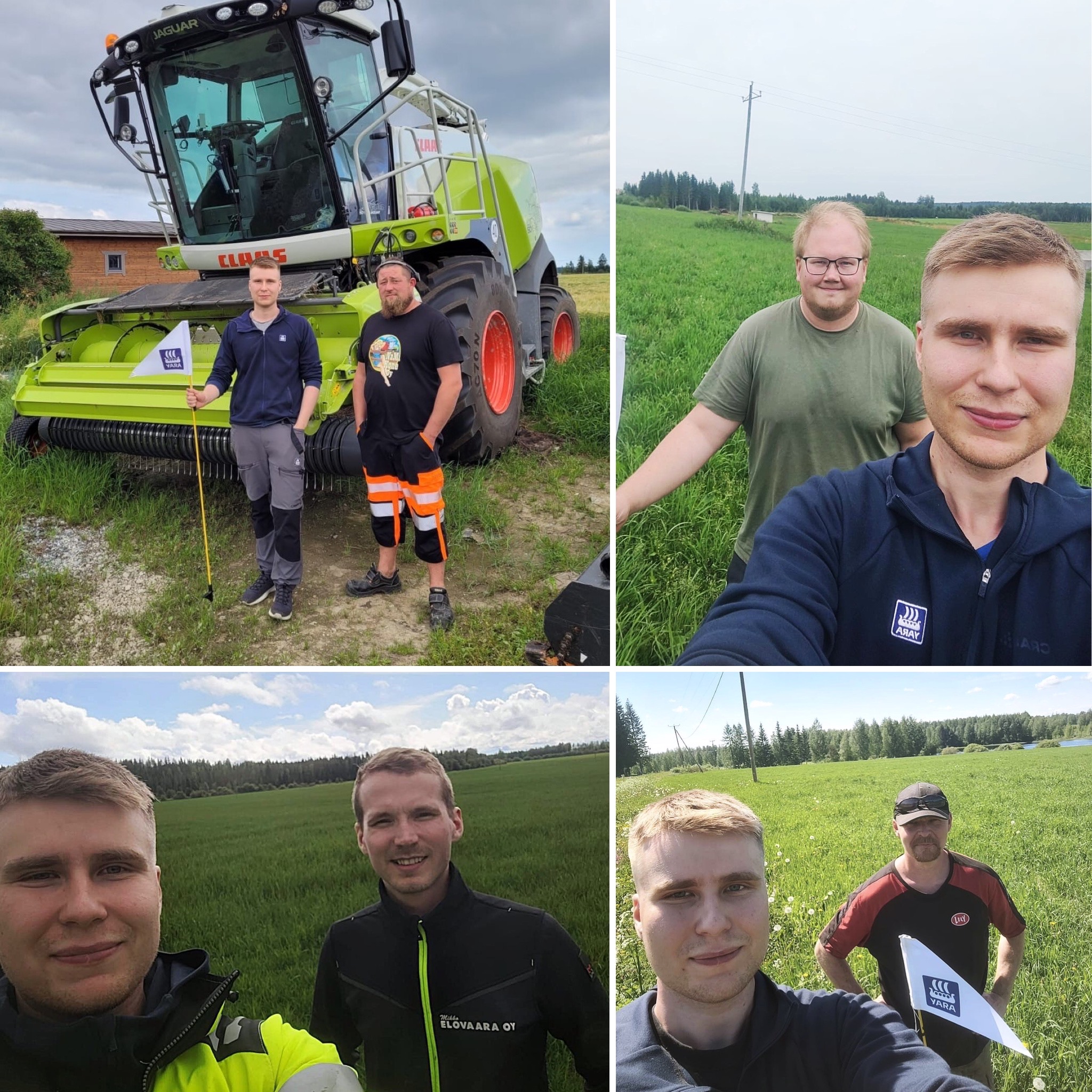 Otto Kemppainen on työskennellyt kesän Yaralla nurmen satoarviotyökalun kehitystyössä ja kerännyt nurminäytteitä viljelijöiden pelloilta. Kuvissa Oton kanssa Markus Rytkönen (ylhäällä vasemmalla), Lauri Kajan (ylh. oik.), Antti Elovaara (alhaalla vasemmalla) ja Pasi Immonen (alh. oik.).