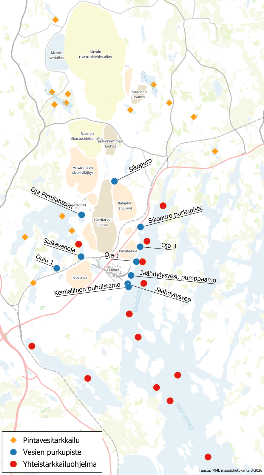 Pintavesien tarkkailupisteet kartalla