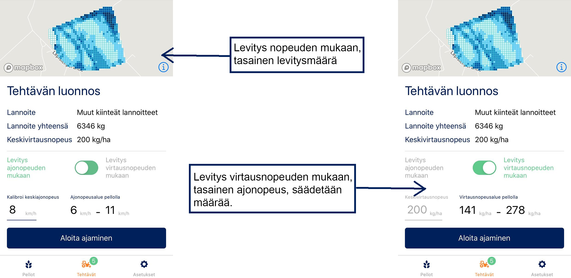 Atfarm-mobiiliapplikaation avulla levityskarttoja voi käyttää myös ilman lannoitteenlevittimen määränsäätöautomatiikkaa.