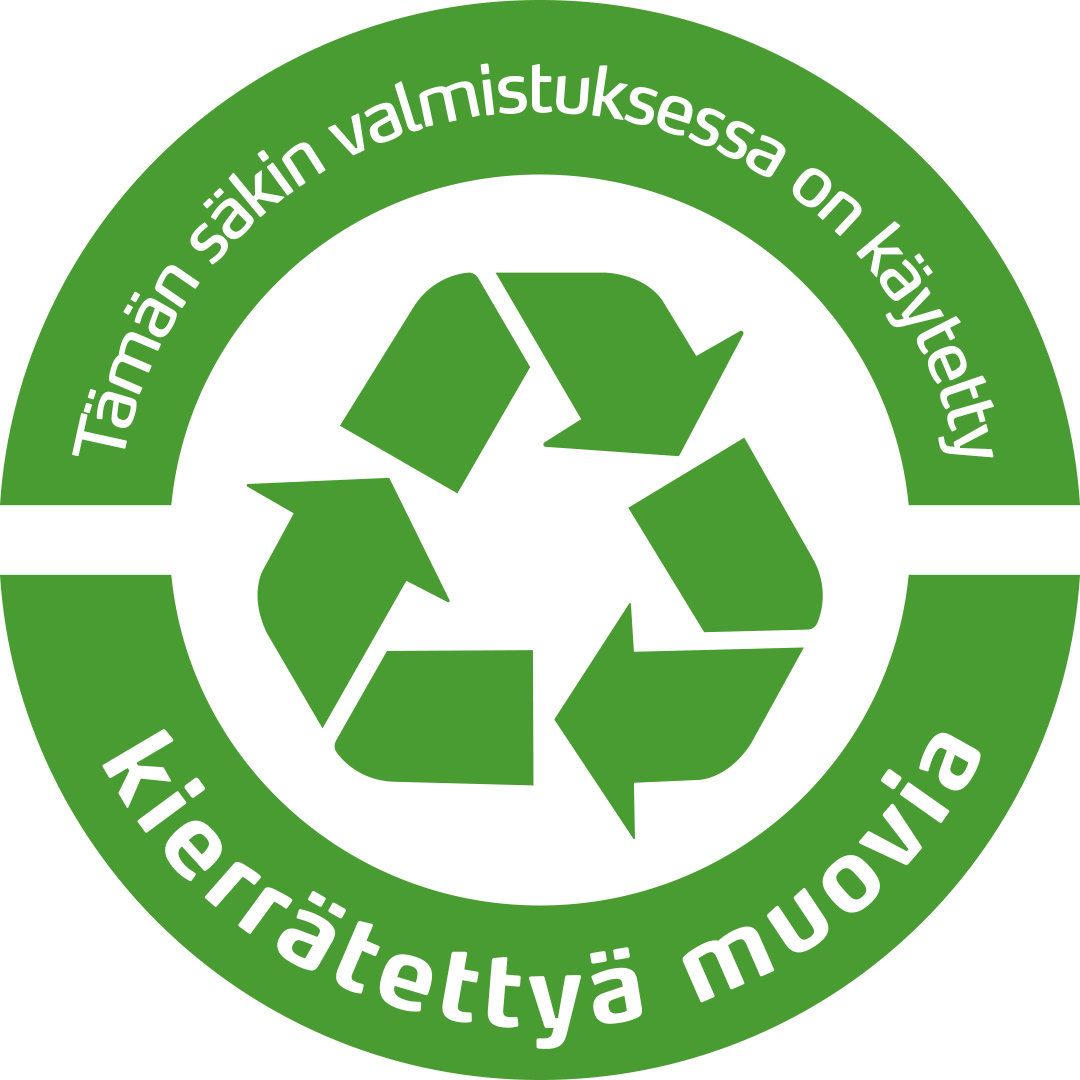 Tämänkin säkin valmistuksessa on käytetty kierrätettyä muovia -logo.